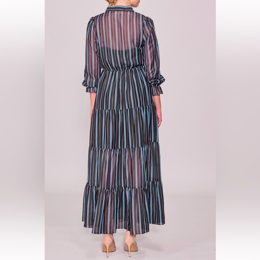 MELLODAY brown blue Stripe Bow Tiered
Maxi Dress NWT - Picture 2 of 4